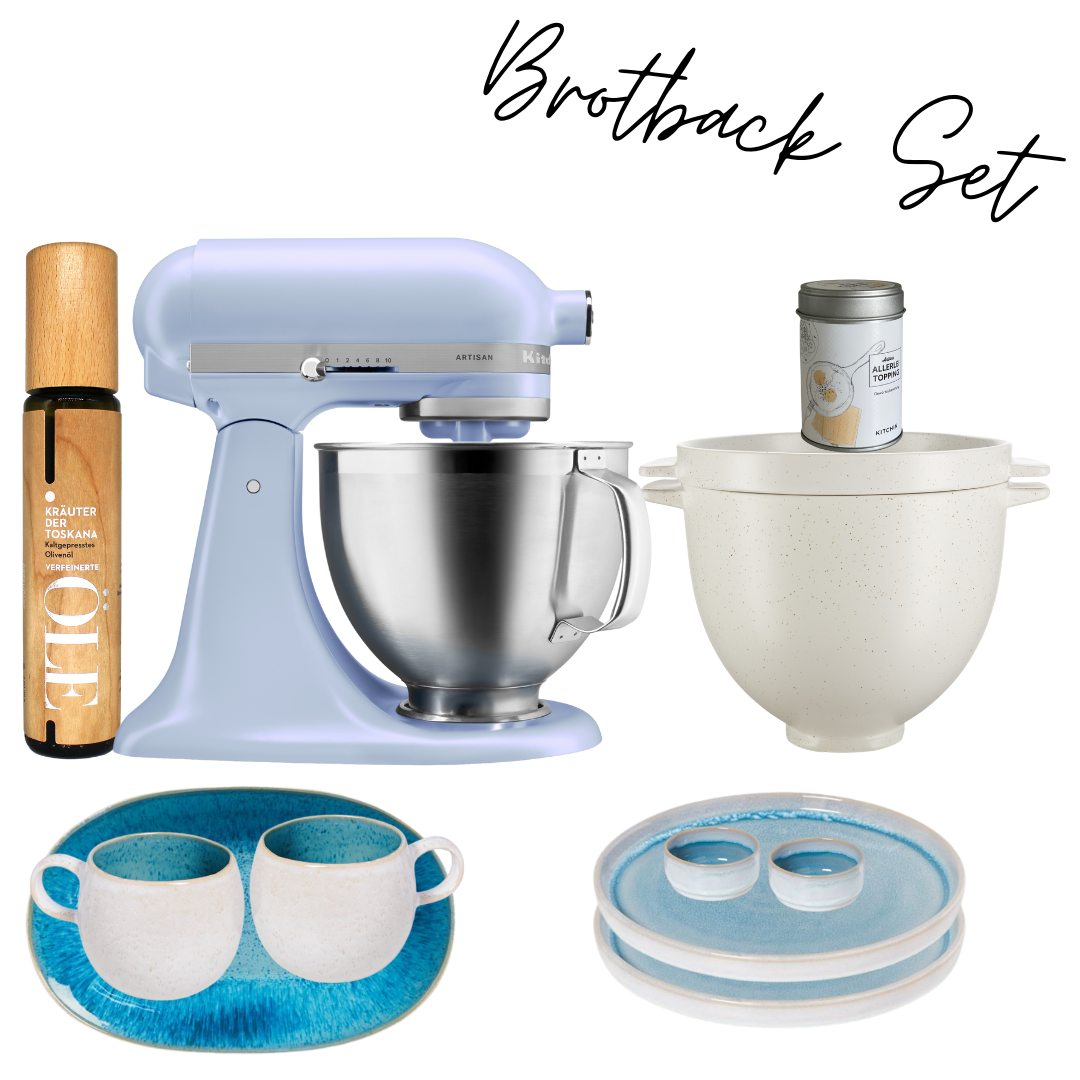 KitchenAid 4,7 l Artisan -  BLUE SALT inkl. Brotback-Set und Motel a Mio Geschirr-Set